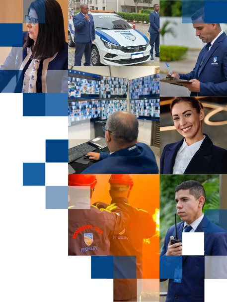 Imagem geral mostrando profissionais de segurança e tecnologia em diferentes ambientes, incluindo vigilantes, policiais, equipe de monitoramento e uso de tecnologia de vigilância, destacando a importância da segurança moderna.