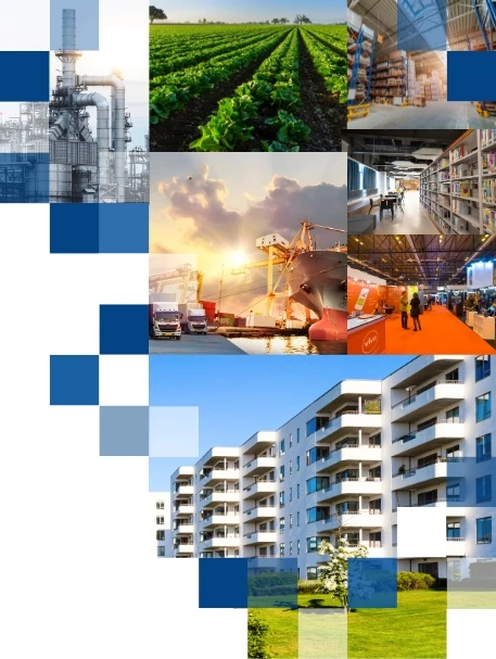 Ilustração representando os segmentos atendidos pela Proserv, como condomínios, shoppings, escolas e indústrias