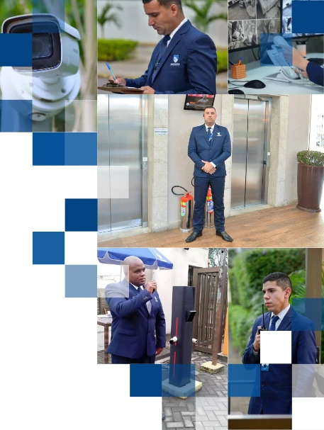 Profissionais de portaria em uniforme realizando controle de acesso e segurança corporativa.