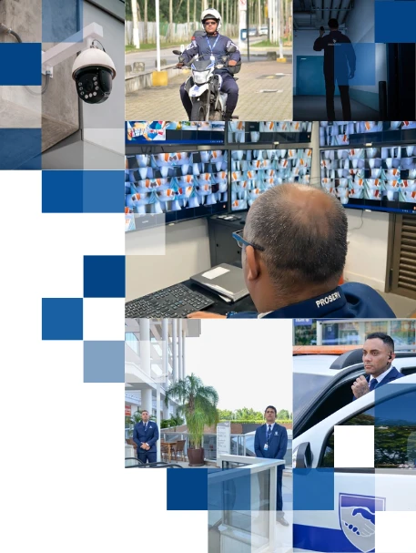 Profissionais de vigilância monitorando áreas com câmeras e sistemas de segurança.