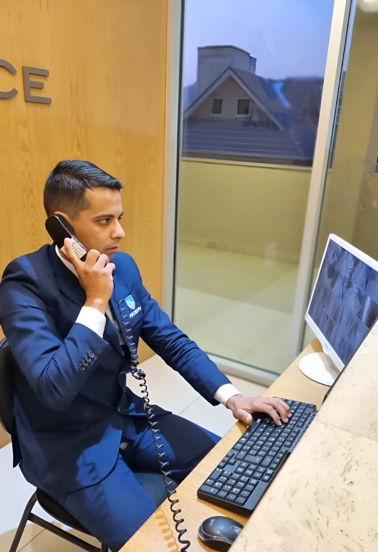 Colaborador uniformizado da Proserv operando vigilância digital em central de monitoramento corporativa.